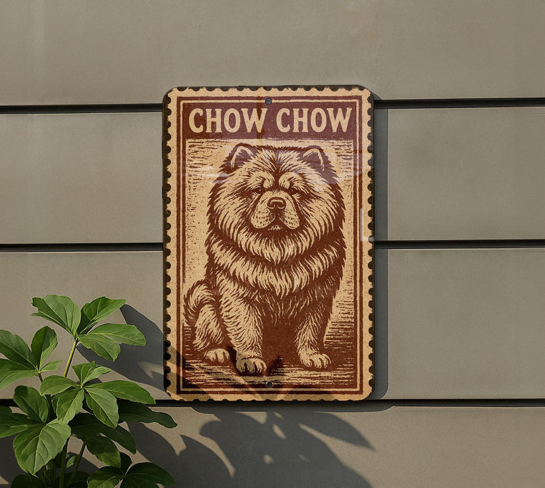 a sign with a chow chow dog illustration on it, mounted on a wall next to a plant.