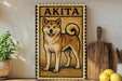 a wooden sign with a picture of a dog, specifically an Akita, on it. The sign is placed on a wooden surface, surrounded by various kitchen items such as a cutting board, a knife, and a bowl.