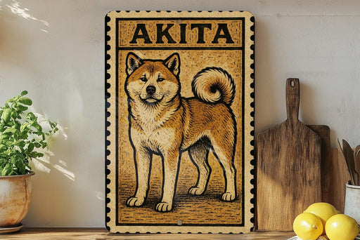a wooden sign with a picture of a dog, specifically an Akita, on it. The sign is placed on a wooden surface, surrounded by various kitchen items such as a cutting board, a knife, and a bowl.