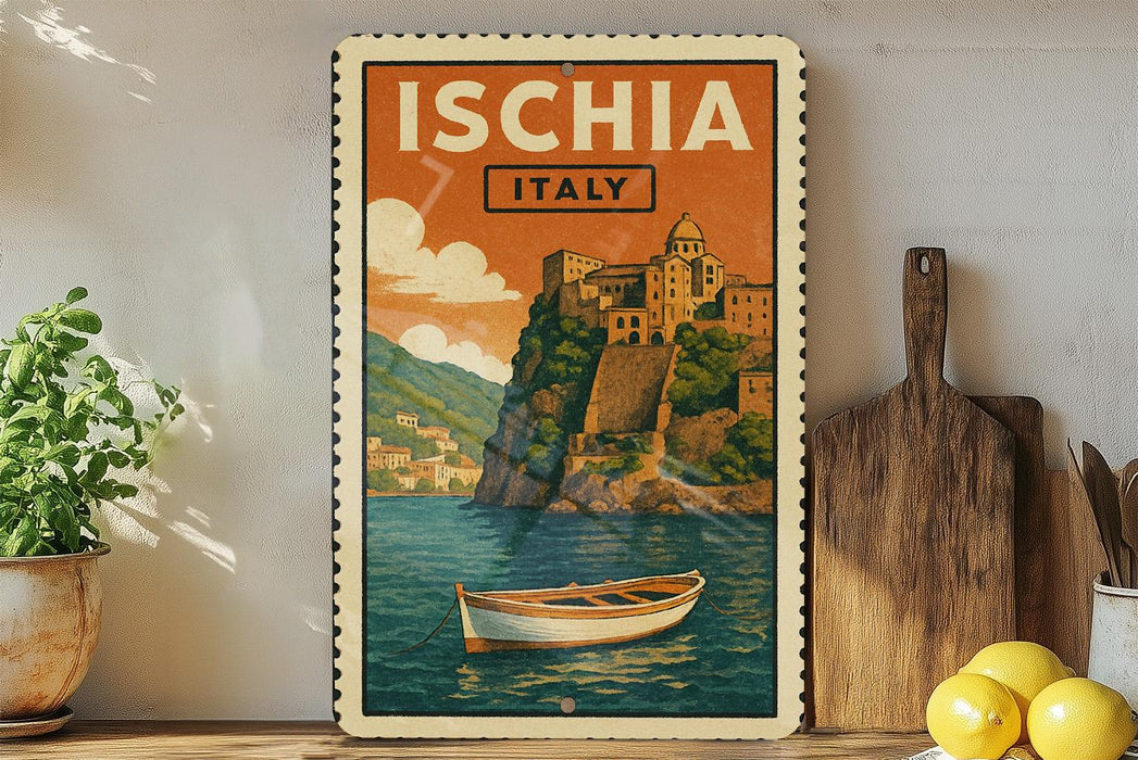 a vintage-style poster of Italy, with a boat on the water and a castle on a cliff in the background. The poster is framed and displayed on a wall, surrounded by various kitchen utensils and a potted plant.