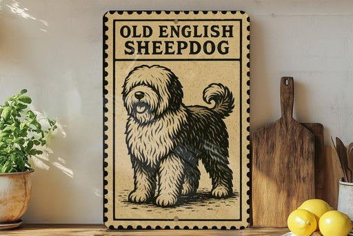 a sign with a picture of a shaggy dog, which is described as an "Old English Sheepdog".