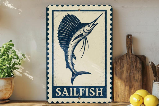 a blue and white sign with a sailfish illustration, placed on a wooden surface next to a wooden cutting board and some lemons.