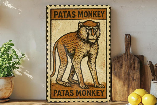 A metal sign with a monkey illustration and the text "Patas Monkey" is displayed on a shelf next to a wooden cutting board and a potted plant.