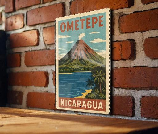 A vintage-style travel poster for Ometepe, Nicaragua, featuring a mountain landscape with a lake and palm trees.