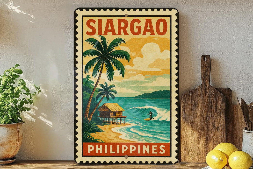 A vintage-style poster of Siargio, a tropical island in the Philippines, featuring a surfer riding a wave and palm trees in the background.