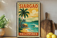 A vintage-style poster of Siargio, a tropical island in the Philippines, featuring a surfer riding a wave and palm trees in the background.