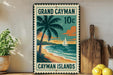A vintage-style postage stamp from the Grand Cayman Islands, featuring a palm tree, a sailboat, and a beach scene.