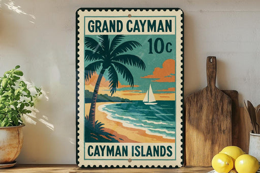 A vintage-style postage stamp from the Grand Cayman Islands, featuring a palm tree, a sailboat, and a beach scene.