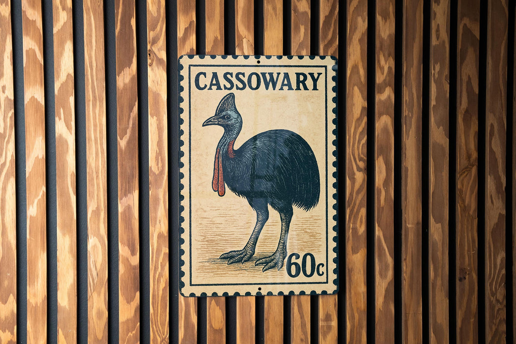 A postage stamp featuring a black bird, likely a cassowary, with the text "CASSOWARY 60c" printed on it.