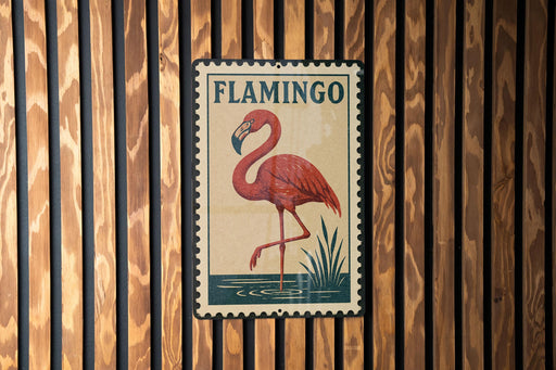 A vintage-style metal sign featuring a red flamingo standing on one leg in a pond, with the word "FLAMINGO" written above it.