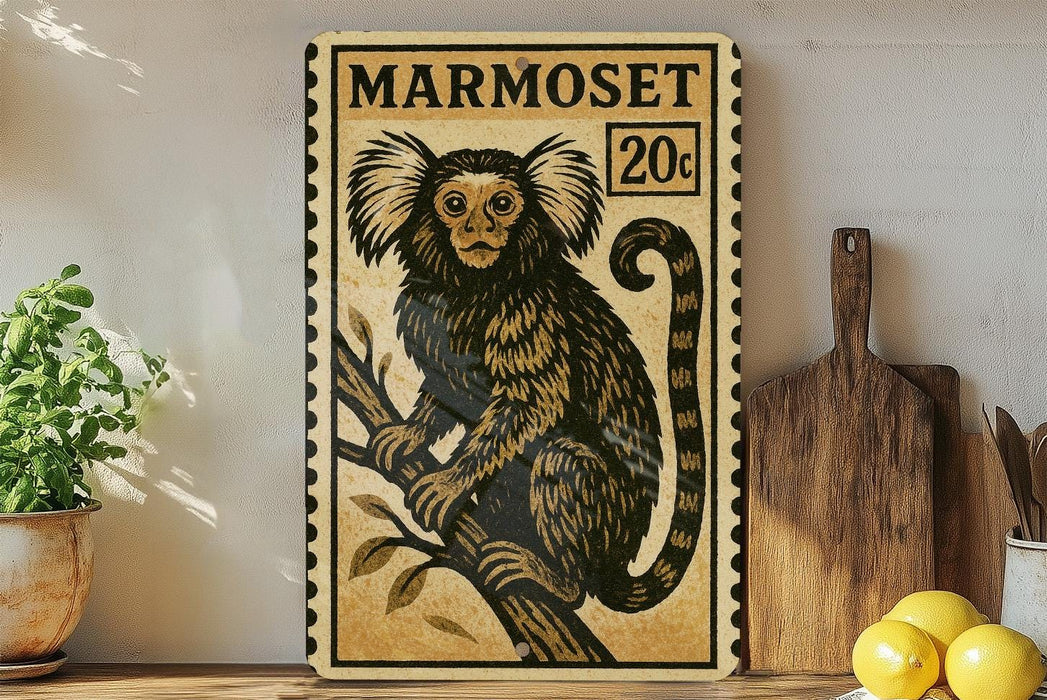 a framed illustration of a marmoset monkey, a type of primate, sitting on a branch. The frame has a stamp-like border and the word "MARMO set" is written on it. The monkey is depicted in a detailed and realistic manner, with its distinctive facial features and fur. The image is displayed on a shelf, with a potted plant and a wooden cutting board visible in the background.