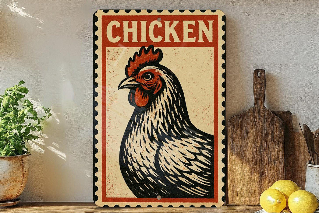 a vintage-style sign with a rooster illustration, placed on a wooden surface next to a wooden cutting board and some lemons.