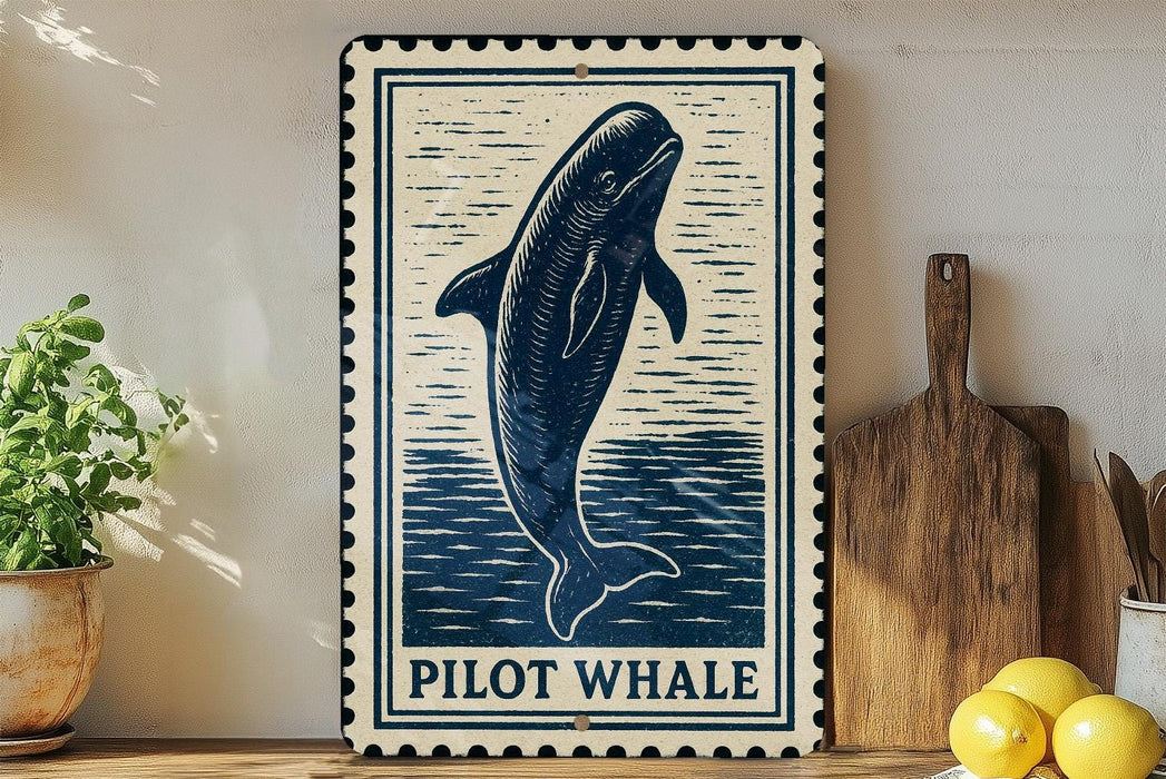 A framed illustration of a pilot whale is displayed on a shelf, accompanied by a wooden cutting board and a potted plant.