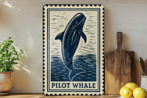 A framed illustration of a pilot whale is displayed on a shelf, accompanied by a wooden cutting board and a potted plant.