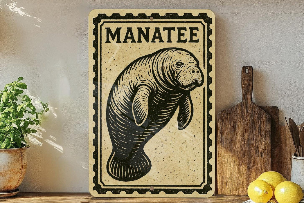 a manatee sign on a shelf, surrounded by kitchen utensils and a potted plant.