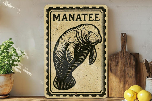 a manatee sign on a shelf, surrounded by kitchen utensils and a potted plant.