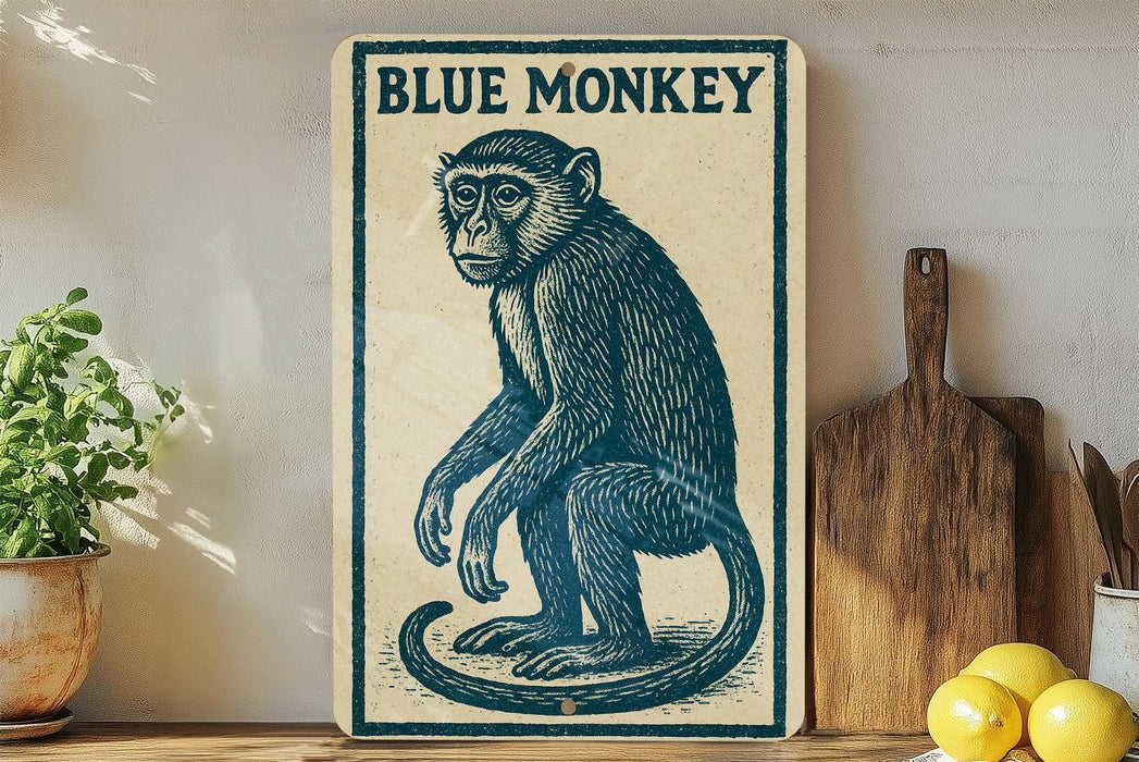 a blue monkey sitting on a wooden surface, with a potted plant to the left and a wooden cutting board to the right.