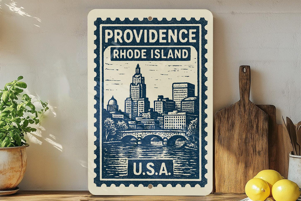 a vintage-style metal sign with a cityscape illustration, mounted on a wall next to a wooden cutting board and some potted plants.