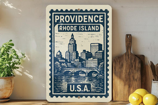 a vintage-style metal sign with a cityscape illustration, mounted on a wall next to a wooden cutting board and some potted plants.