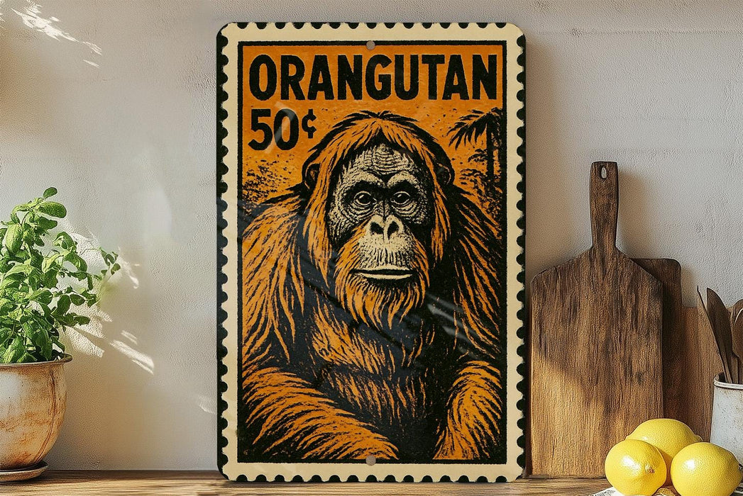 a large, detailed illustration of an orangutan on a frame, with a price tag of 50 cents. The frame is placed on a shelf next to a wooden cutting board and a potted plant.