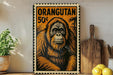 a large, detailed illustration of an orangutan on a frame, with a price tag of 50 cents. The frame is placed on a shelf next to a wooden cutting board and a potted plant.