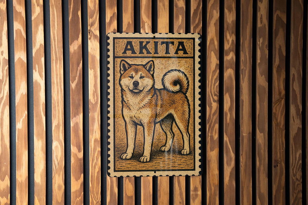 a wooden wall with a framed illustration of a Shiba Inu dog, which is the breed of the Akita.