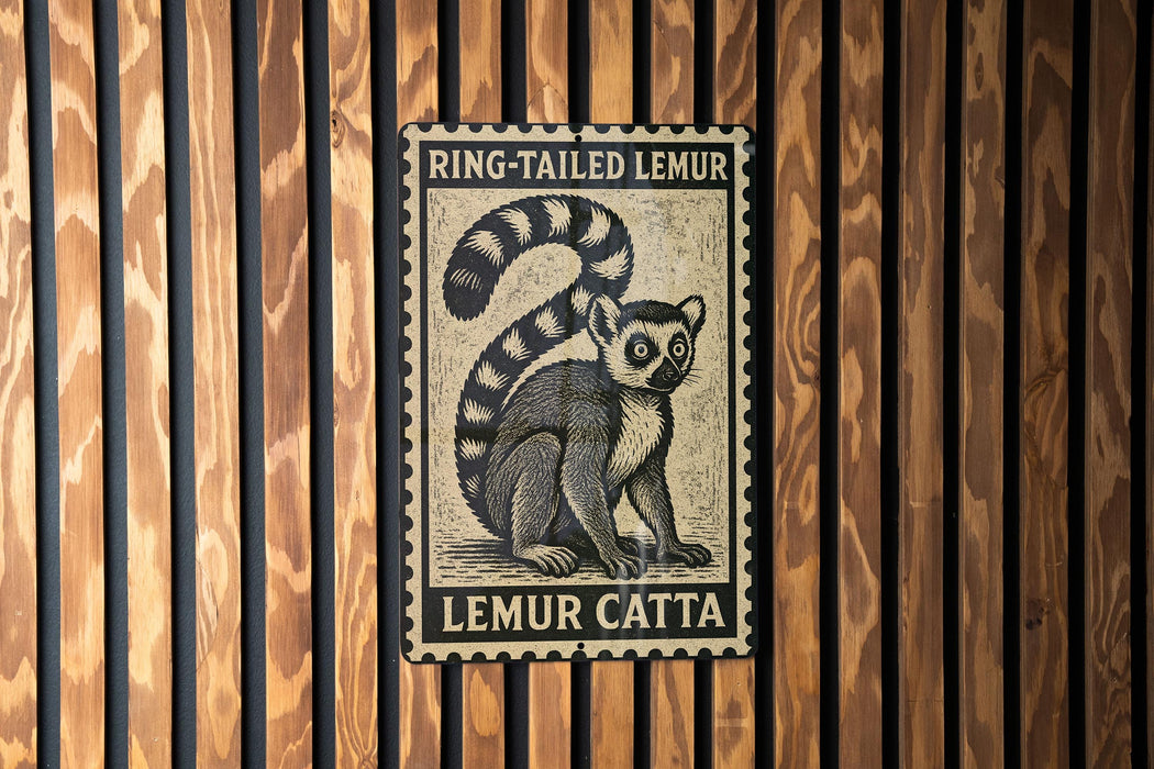A black and white stamp featuring a lemur, with the text "RING-TAILED LEMUR" and "LEMUR CATTA" printed on it.