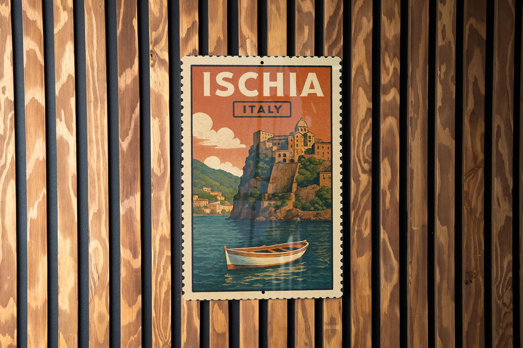 A vintage-style poster of Italy, featuring a small boat on the water and a picturesque coastal town, is displayed on a wooden wall.