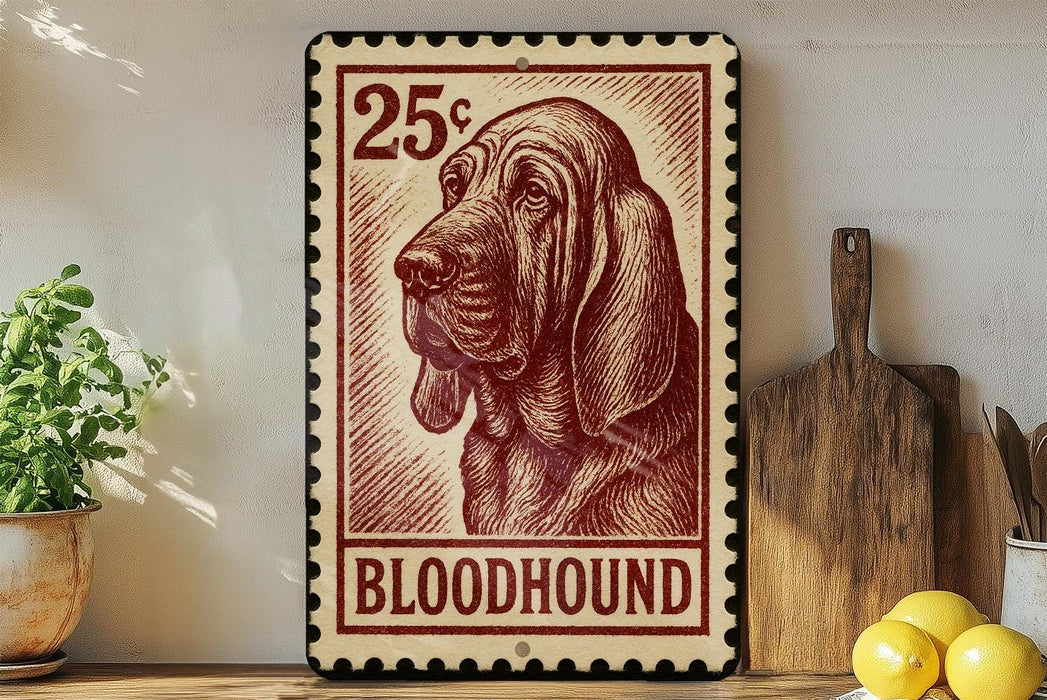 a 25¢ Bloodhound postage stamp displayed on a wooden shelf, with a potted plant and a wooden cutting board nearby.