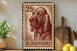 a 25¢ Bloodhound postage stamp displayed on a wooden shelf, with a potted plant and a wooden cutting board nearby.