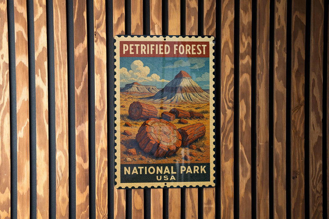 A vintage-style postage stamp depicting a forest scene with a mountain in the background, hanging on a wooden wall.
