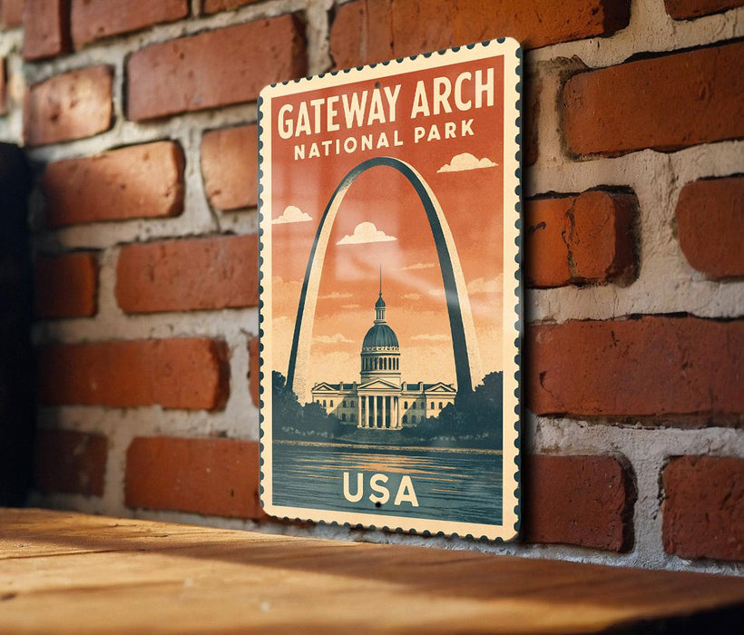 A vintage-style poster of the Gateway Arch, a famous monument in Gateway National Park, USA.