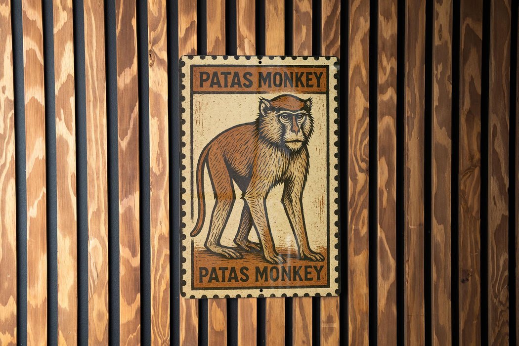 A wooden wall with a framed illustration of a monkey, which appears to be a postage stamp or sign.