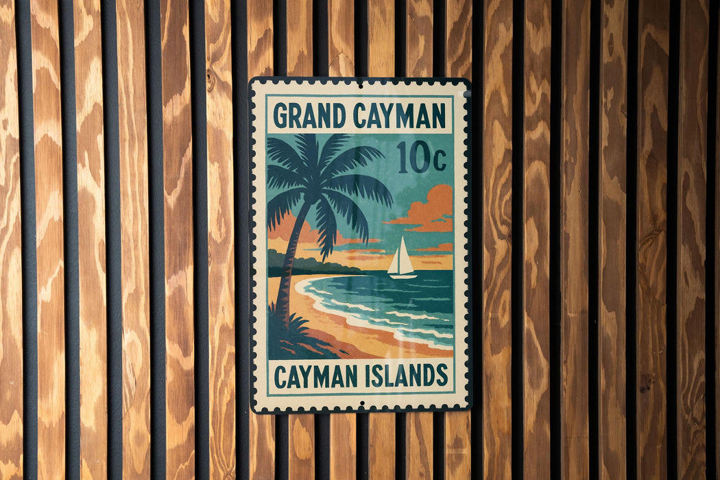 A vintage-style postage stamp from the Grand Cayman Islands, featuring a palm tree and a sailboat on the beach, mounted on a wooden wall.
