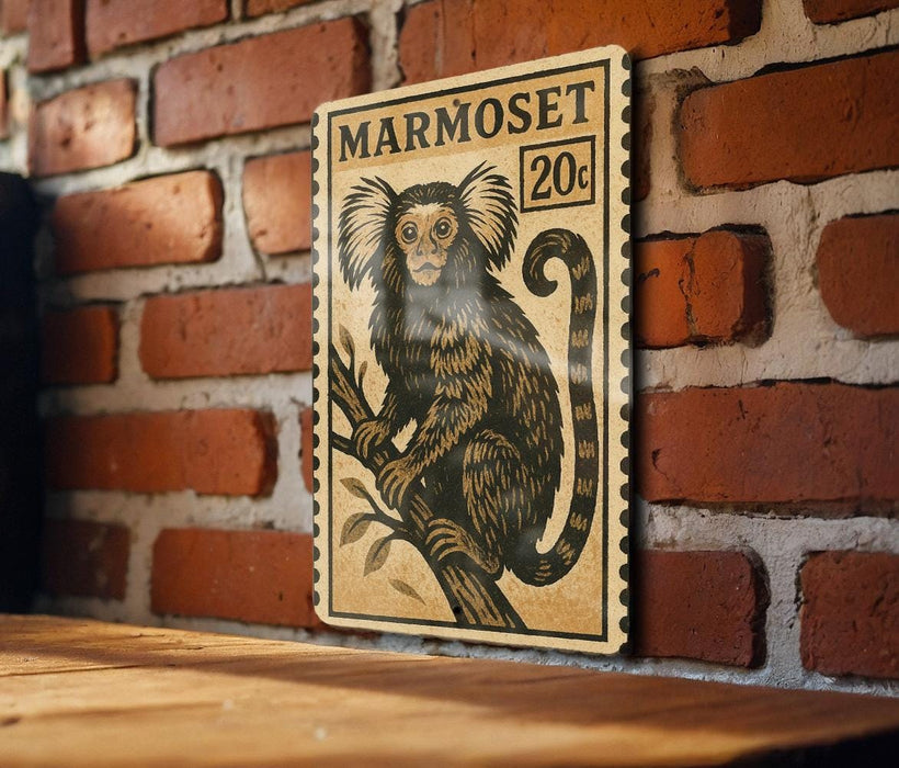 A vintage-style stamp featuring a monkey perched on a branch, with the text "MARMOSET 20¢" printed on it.