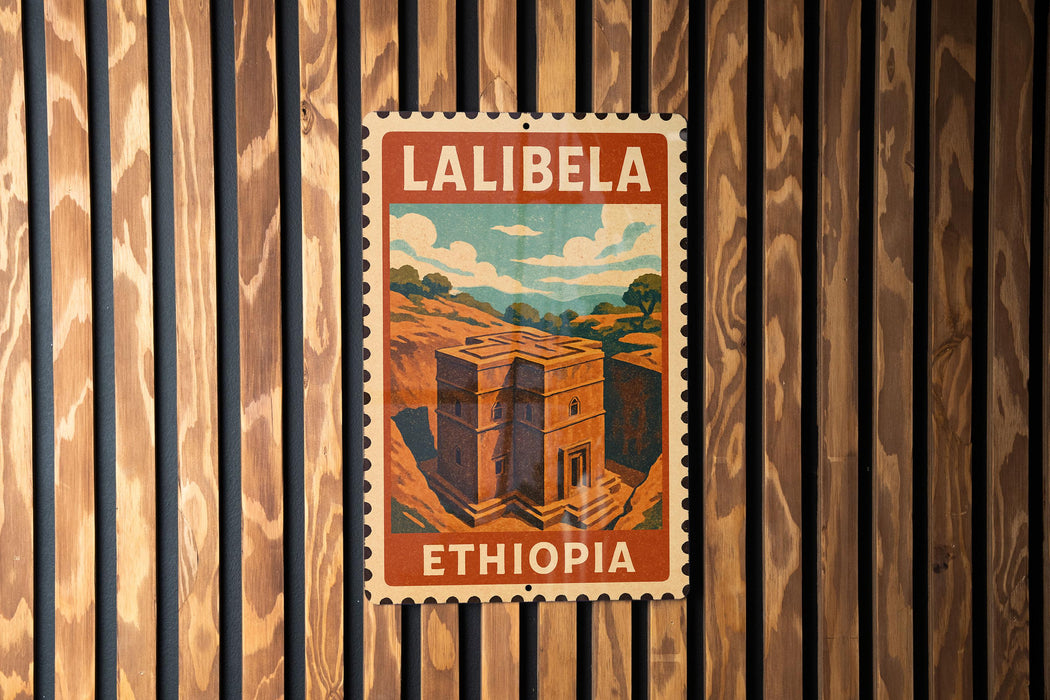 A vintage postage stamp from Ethiopia depicting a building, hanging on a wooden wall.