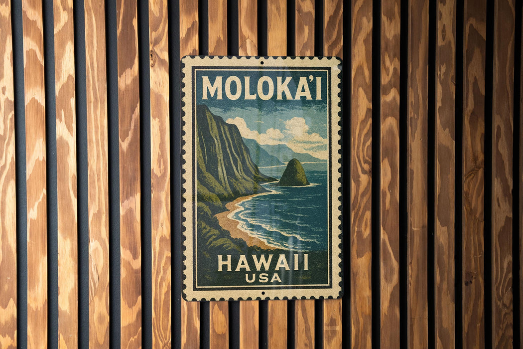 A vintage-style postage stamp from Hawaii, featuring a mountainous landscape with a beach and ocean, is displayed on a wooden wall.