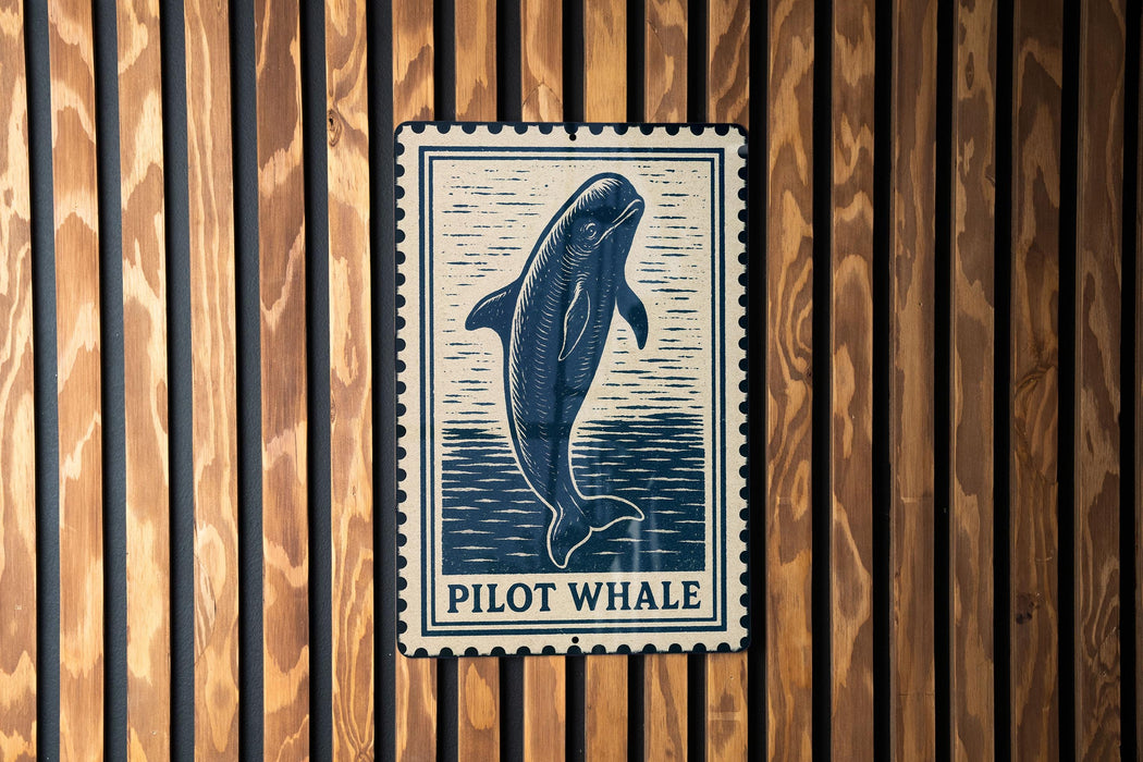 A blue and white sign with a picture of a pilot whale is mounted on a wooden wall.