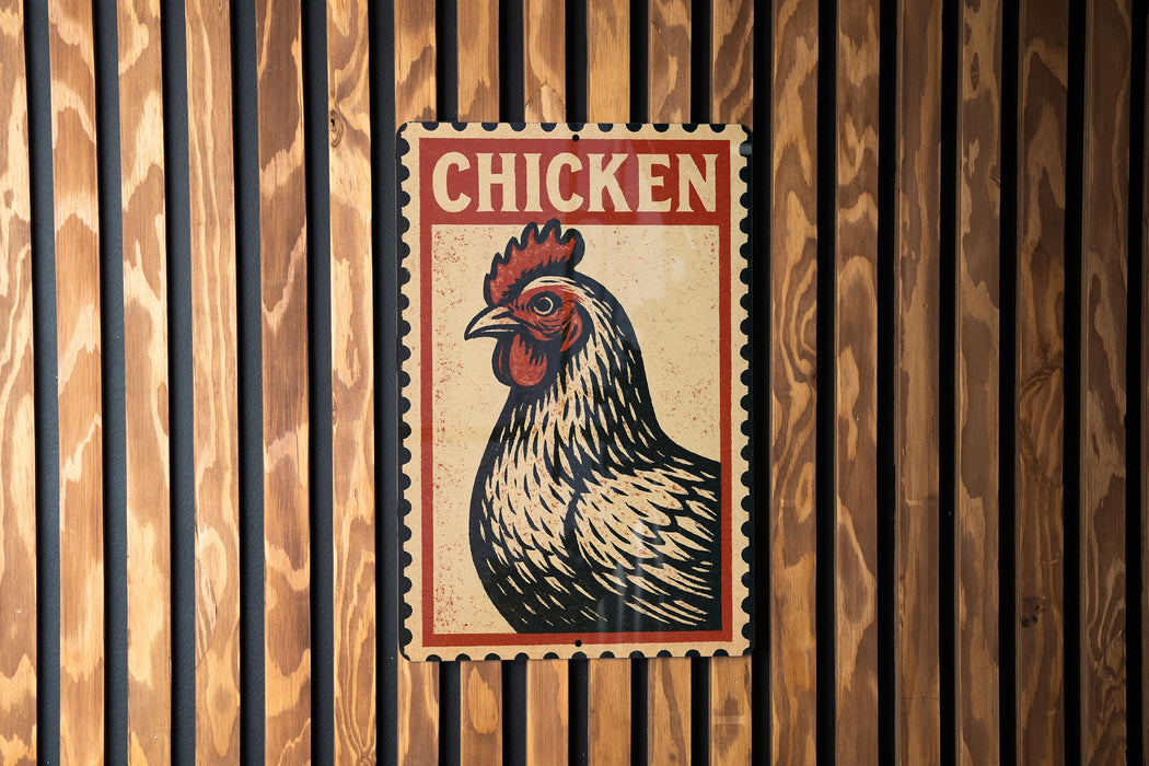A vintage-style sign featuring a rooster is displayed on a wooden wall.