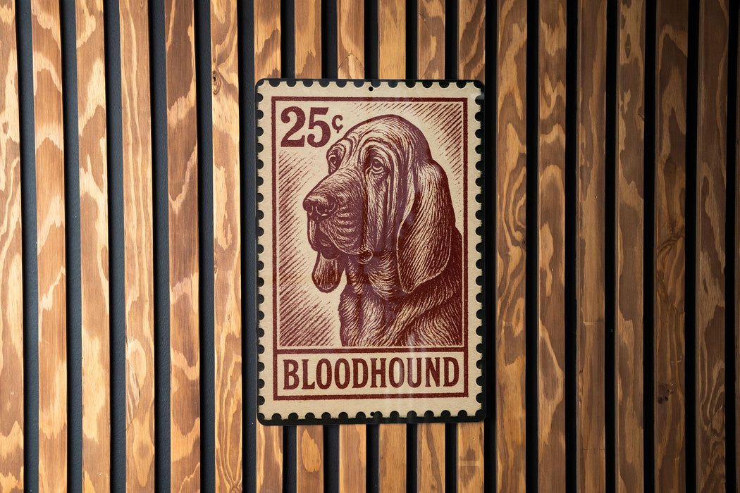 A 25¢ postage stamp featuring a bloodhound dog is displayed on a wooden wall.