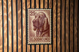 A 25¢ postage stamp featuring a bloodhound dog is displayed on a wooden wall.