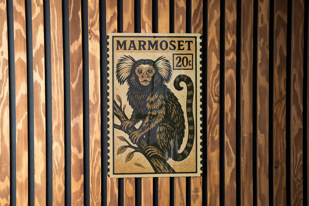 A poster of a monkey is displayed on a wooden wall.
