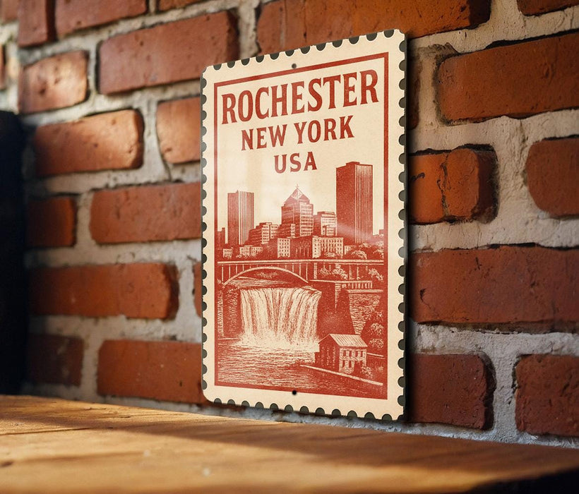A vintage-style stamp depicting the city of Rochester, New York, USA, with a waterfall and buildings in the background.