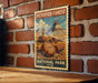 A vintage-style poster of the Petrified Forest National Park in the United States, featuring a mountain landscape with a large tree stump in the foreground.