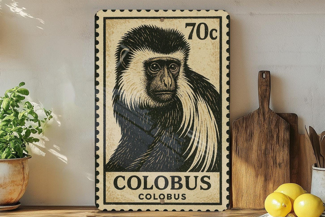 A vintage-style stamp depicting a colobus monkey, with the text "COLBUS COLOBUS" printed on it. The stamp is placed on a shelf next to a wooden cutting board and a potted plant.