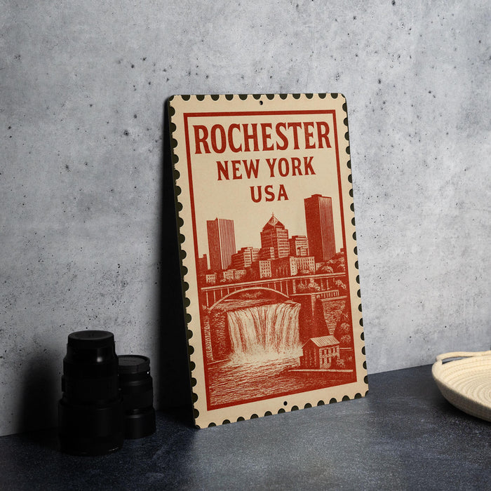 A vintage postage stamp featuring the city of Rochester, New York, USA, with a waterfall and buildings in the background.
