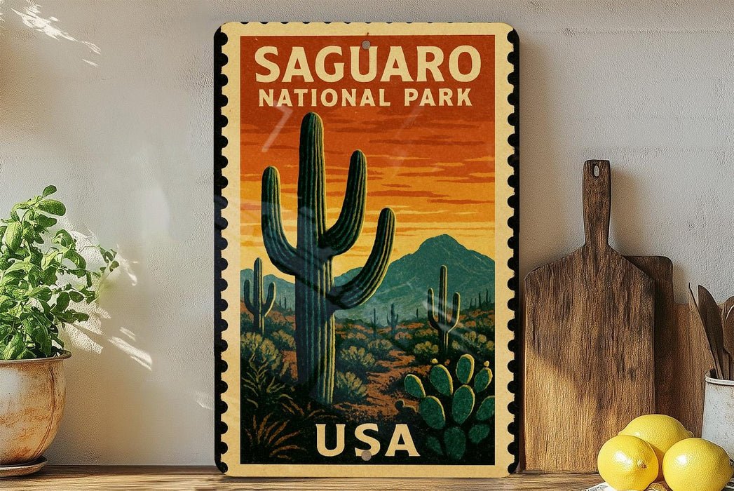 A vintage-style poster of Saguaro National Park in the United States, featuring a cactus landscape with mountains in the background.