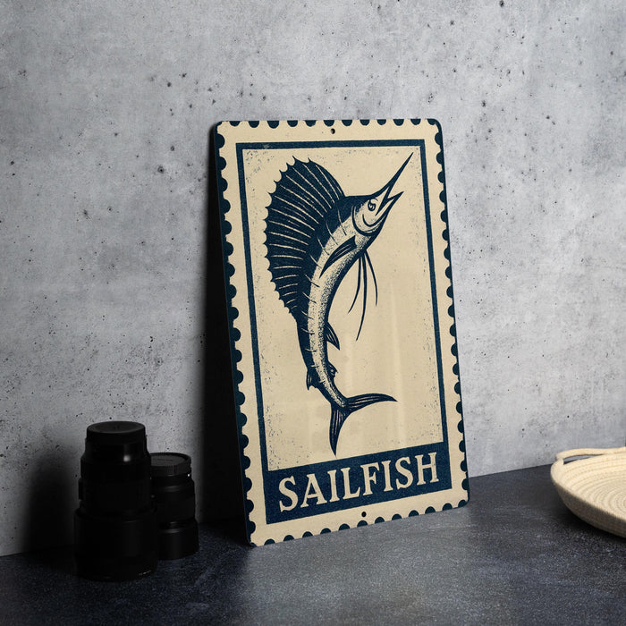 A metal sign with a blue and white design featuring a sailfish is displayed on a table.