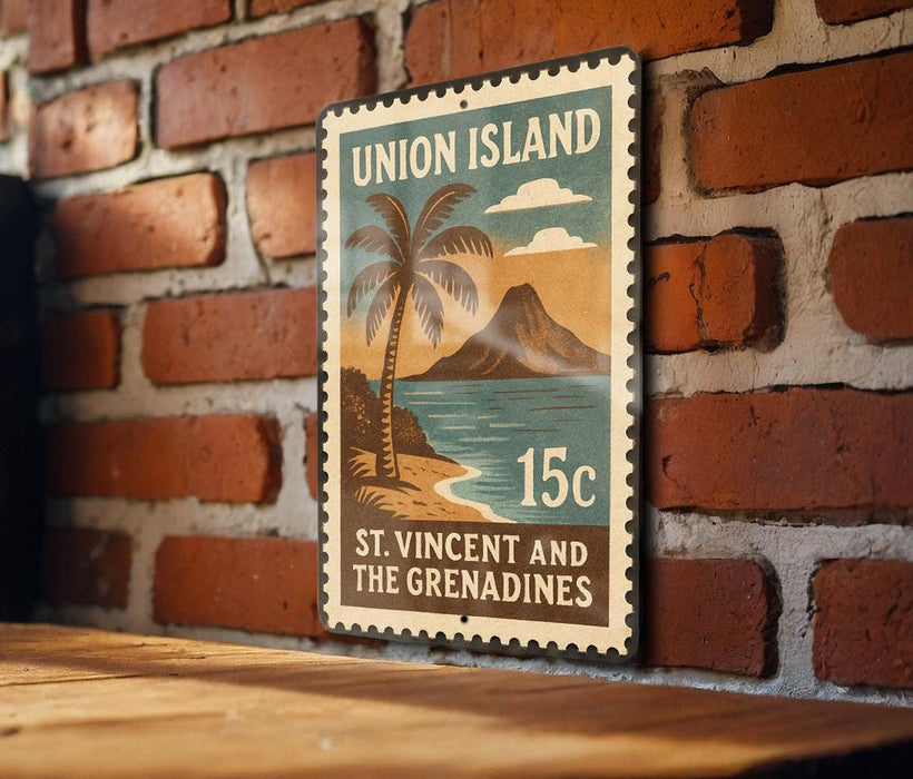 A vintage-style postage stamp from Union Island, featuring a palm tree and a beach scene, is displayed on a brick wall.