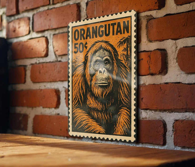 a large, detailed illustration of an orangutan on a brick wall.